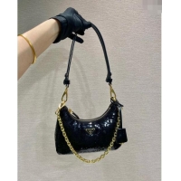 Trendy Design Prada Re-Edition Re-Nylon and Sequins Mini Hobo Bag 1BC204 Black 2024