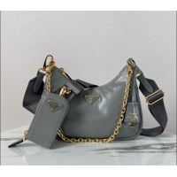 Grade Design Prada Re-Edition 2005 Shiny Leather Hobo Bag 1BC204 Grey 2024