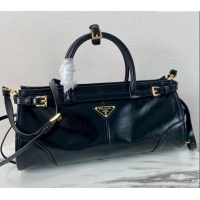 Famous Brand Prada Medium shiny leather top handbag 1BA426 Black 2024