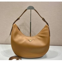 Best Luxury Prada Large leather hobo shoulder bag 1BC212 Caramel Brown 2024