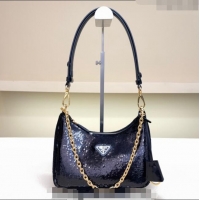 Luxury Cheap Prada Re-Edition Re-Nylon and sequin mini-bag 1BC204 Black 2024