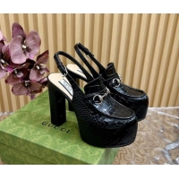 Pretty Style Gucci Horsebit Platform High Heel Slingback Pumps 13.5cm in Stone Embossed Leather Black 814059