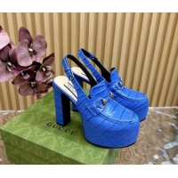 Shop Duplicate Gucci Horsebit Platform High Heel Slingback Pumps 13.5cm in Stone Embossed Leather Blue 814060