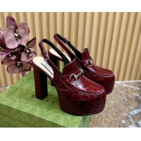 Grade Quality Gucci Horsebit Platform High Heel Slingback Pumps 13.5cm in Stone Embossed Leather Dark Burgundy 814061