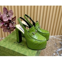 Cheap Price Gucci Horsebit Platform High Heel Slingback Pumps 13.5cm in Stone Embossed Leather Green 814062