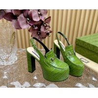 Cheap Price Gucci Horsebit Platform High Heel Slingback Pumps 13.5cm in Stone Embossed Leather Green 814062