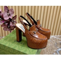 Top Grade Gucci Horsebit Platform High Heel Slingback Pumps 13.5cm in Stone Embossed Leather Brown 0814063