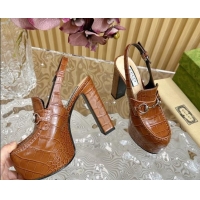 Top Grade Gucci Horsebit Platform High Heel Slingback Pumps 13.5cm in Stone Embossed Leather Brown 0814063