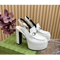 Popular Style Gucci Horsebit Platform High Heel Slingback Pumps 13.5cm in Stone Embossed Leather White 814065