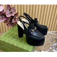 Unique Style Gucci Horsebit Platform High Heel Slingback Pumps 13.5cm in Calf Leather Black 814064