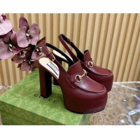 Low Cost Gucci Horsebit Platform High Heel Slingback Pumps 13.5cm in Calf Leather Dark Burgundy 814066