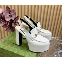 Shop Cheap Gucci Horsebit Platform High Heel Slingback Pumps 13.5cm in Calf Leather White 814067