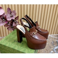 Best Product Gucci Horsebit Platform High Heel Slingback Pumps 13.5cm in Calf Leather Brown 814070