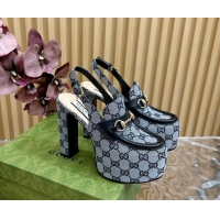 Top Design Gucci Horsebit Platform High Heel Slingback Pumps 13.5cm in GG Canvas Grey 814068