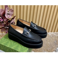 Durable Gucci Horsebit Wedge Platform Loafers Pumps 5cm in Calf Leather Black 814071