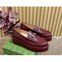 Big Discount Gucci Horsebit Wedge Platform Loafers Pumps 5cm in Calf Leather Dark Burgundy 814072