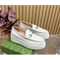 Good Looking Gucci Horsebit Wedge Platform Loafers Pumps 5cm in Calf Leather White 814073