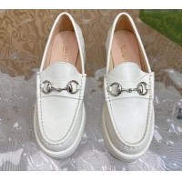 Good Looking Gucci Horsebit Wedge Platform Loafers Pumps 5cm in Calf Leather White 814073