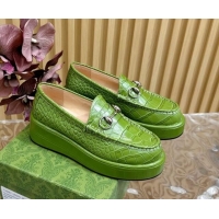 Best Price Gucci Horsebit Wedge Platform Loafers Pumps 5cm in Stone Embossed Leather Green 0814075