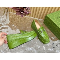 Best Price Gucci Horsebit Wedge Platform Loafers Pumps 5cm in Stone Embossed Leather Green 0814075