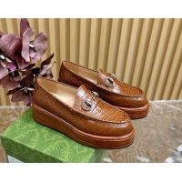 Best Product Gucci Horsebit Wedge Platform Loafers Pumps 5cm in Stone Embossed Leather Brown 0814076