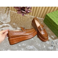 Best Product Gucci Horsebit Wedge Platform Loafers Pumps 5cm in Stone Embossed Leather Brown 0814076