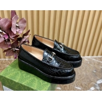 Good Quality Gucci Horsebit Wedge Platform Loafers Pumps 5cm in Stone Embossed Leather Black 814077