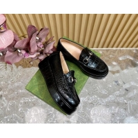 Good Quality Gucci Horsebit Wedge Platform Loafers Pumps 5cm in Stone Embossed Leather Black 814077