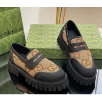 Perfect Gucci Loafers in Leather and Maxi GG Canvas Camel 814087