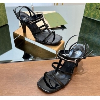 Stylish Gucci Leather Heel Sandals 9.5cm with Long Horsebit Black 814089