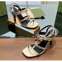 1:1 aaaaa Gucci Leather Heel Sandals 9.5cm with Long Horsebit Gold 814093