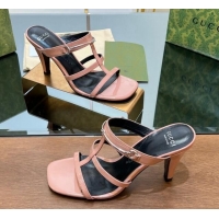 Good Looking Gucci Leather Heel Slides Sandal 9.5cm with Long Horsebit Pink 814095