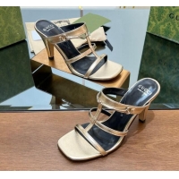 Shop Duplicate Gucci Leather Heel Slides Sandal 9.5cm with Long Horsebit Gold 814096