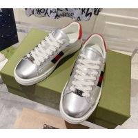 Luxury Cheap Gucci Ace Sneakers with Web in Calf Leather Silver 814108