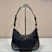 Buy Discount Prada Nylon and Leather Hobo Bag 1BC214 Black 2024