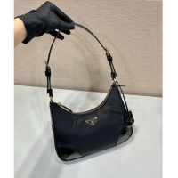 Buy Discount Prada Nylon and Leather Hobo Bag 1BC214 Black 2024