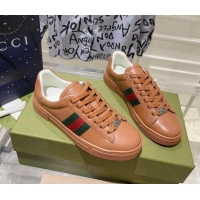 Perfect Gucci Ace Sneakers with Web in Calf Leather Brown 814110