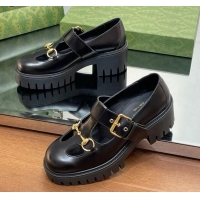 Unique Style Gucci Horsebit Shiny Leather Platform Loafers with Buckle Black 814117