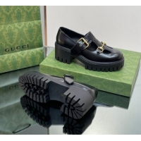 Unique Style Gucci Horsebit Shiny Leather Platform Loafers with Buckle Black 814117