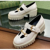 Durable Gucci Horsebit Shiny Leather Platform Loafers with Buckle White 814118