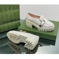 Good Quality Gucci GG Leather Platform Loafers with Buckle White 814119