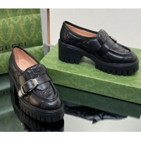 Good Looking Gucci GG Leather Platform Loafers with Buckle Black 814120