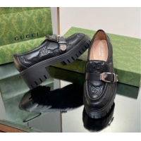 Good Looking Gucci GG Leather Platform Loafers with Buckle Black 814120