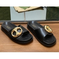 Perfect Gucci Marina Chain Leather Flat Slides Sandal Black 814121