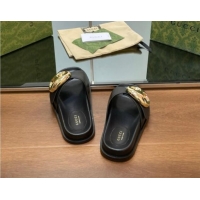 Perfect Gucci Marina Chain Leather Flat Slides Sandal Black 814121