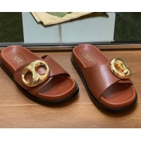 Best Grade Gucci Marina Chain Leather Flat Slides Sandal Brown 814123