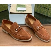 Good Product Gucci Men's Horsebit Suede Loafers Tan Brown 814127