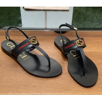 Best Price Gucci Interlocking G Web Leather Flat Thong Sandals Black 814131