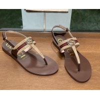 Best Product Gucci Interlocking G Web GG Canvas Flat Thong Sandals Beige 814132