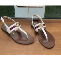 Shop Duplicate Gucci Interlocking G Web Leather Flat Thong Sandals White 814133